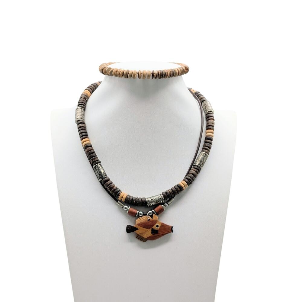 3 Piece Coconut Shell Bead & Inlay Fish Pendant Necklace & Bracelet Lot